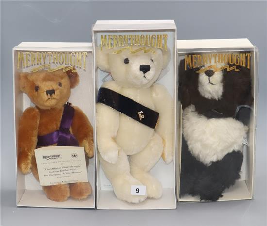 Three Merrythought bears: Queen Elizabeth, boxed, Golden Jubilee, boxed with certificate and Pandemonium,